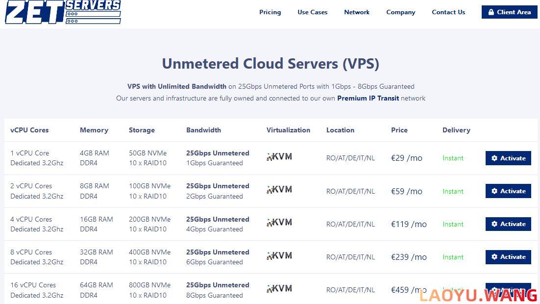 Zetservers：罗马尼亚VPS，€29/月/1核@独享/4GB内存/不限流量/25Gbps端口