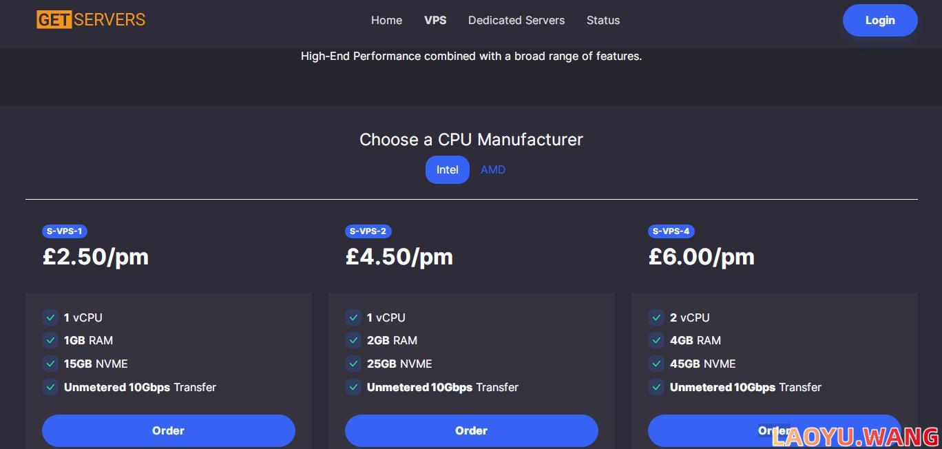 GetServers：英国VPS，£2.5/月/1核2GB/不限流量/10Gbps端口